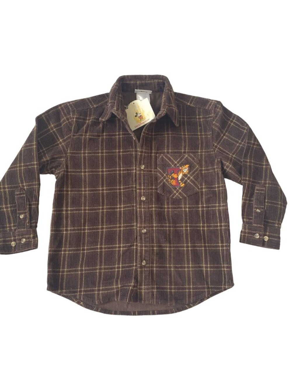 Disney World Kids Brown Plaid Long Sleeve Shirt Tigger Embroidery Size Medium
